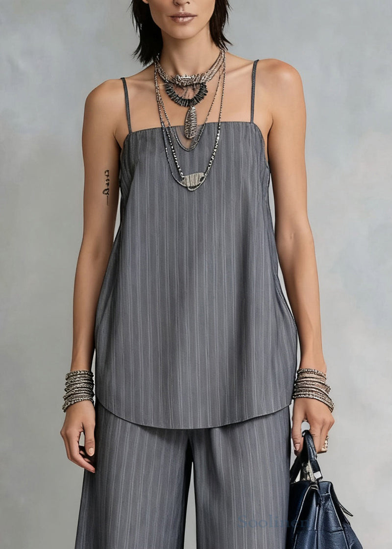French Grey Striped Spaghetti Strap Tank and Wide Leg Pants Cotton Two Pieces Set Sleeveless