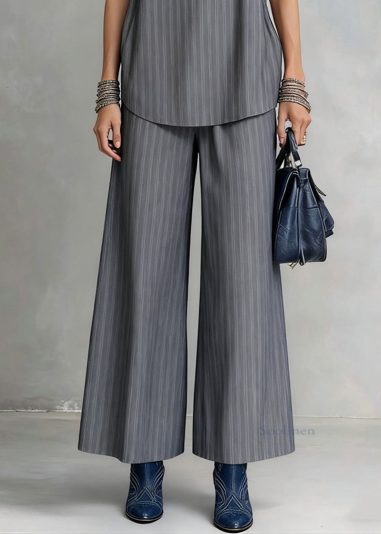 French Grey Striped Spaghetti Strap Tank and Wide Leg Pants Cotton Two Pieces Set Sleeveless