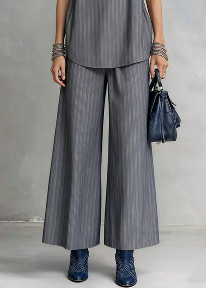 French Grey Striped Spaghetti Strap Tank and Wide Leg Pants Cotton Two Pieces Set Sleeveless