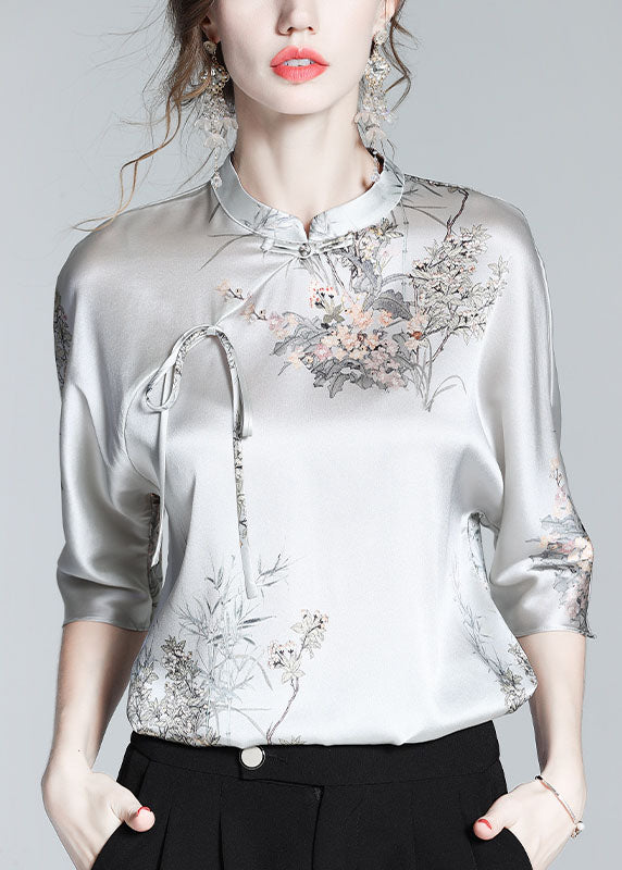 White Text Silk Stand Collar Oriental Satin Shirt Top Half Sleeve Blouse