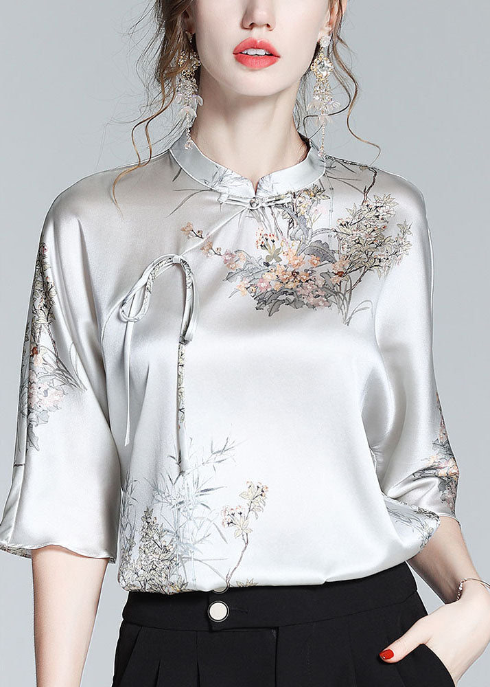 Silk Stand Collar Oriental Satin Shirt Top Half Sleeve Blouse