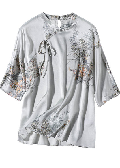 Silk Stand Collar Oriental Satin Shirt Top Half Sleeve Blouse