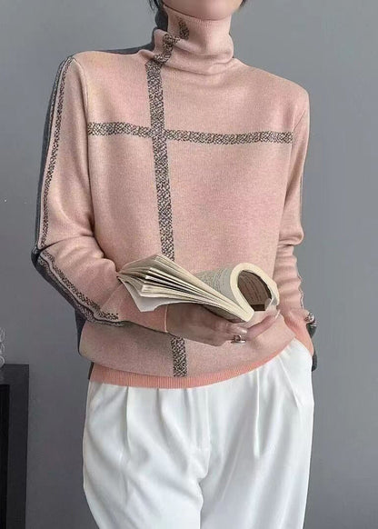 French Grey Turtleneck Patchwork Wear on Both Sides Knit Top Long Sleeve