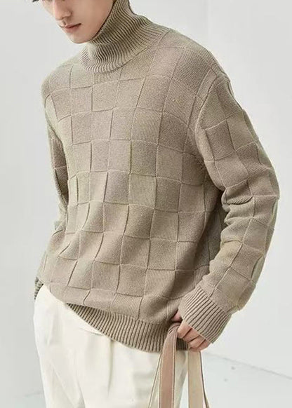 French Grey Turtleneck Plaid Knit Sweater Tops Fall