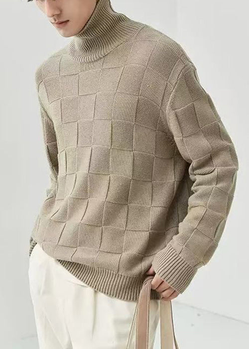 French Grey Turtleneck Plaid Knit Sweater Tops Fall