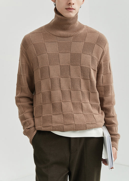 French Grey Turtleneck Plaid Knit Sweater Tops Fall