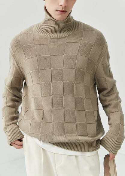 French Grey Turtleneck Plaid Knit Sweater Tops Fall