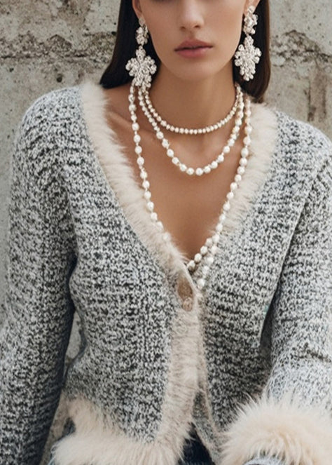 French Grey V Neck Patchwork Faux Fur Coats Spring