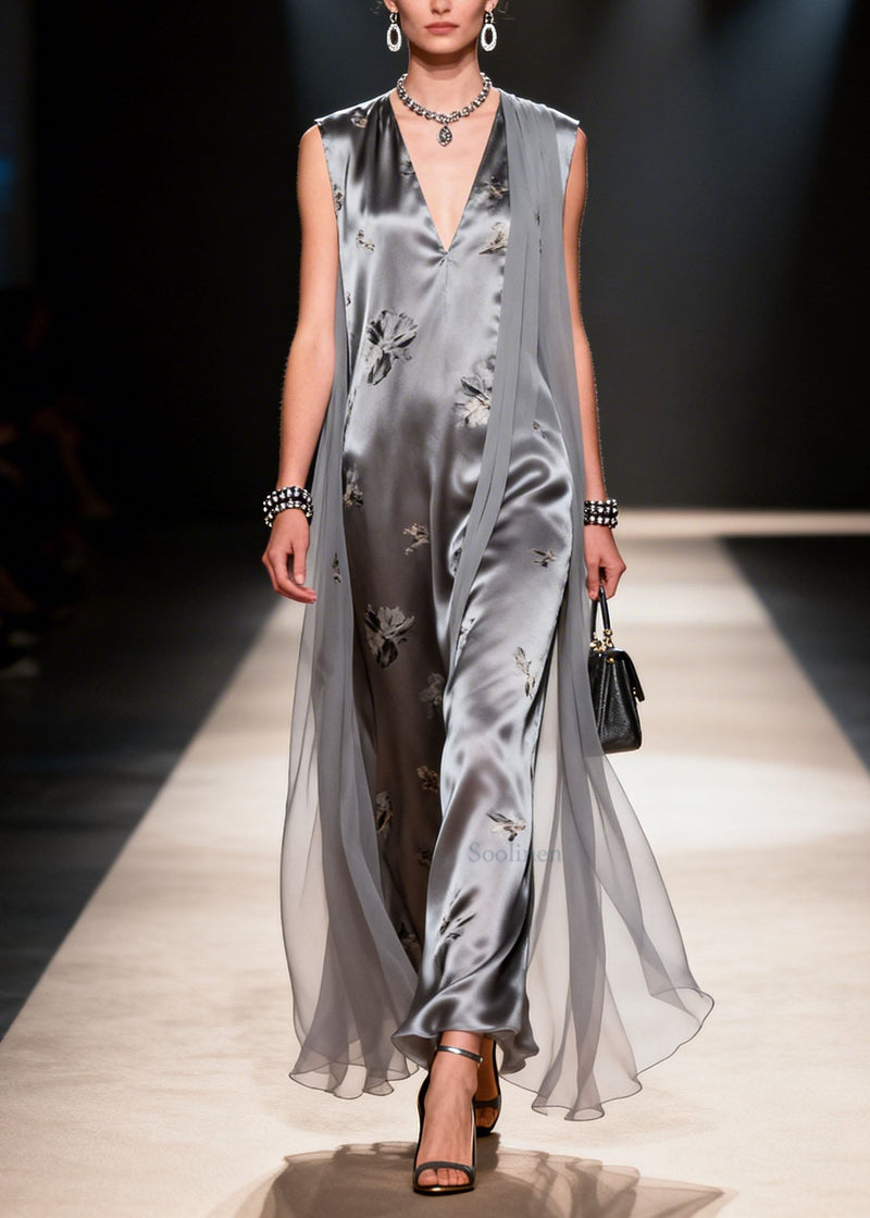 French Grey V Neck Print Patchwork Chiffon Dress Summer