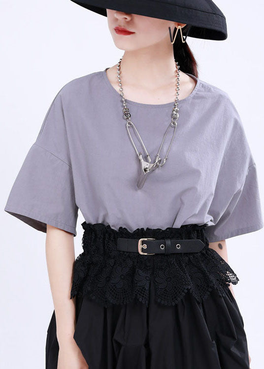 French Grey Asymmetrical Design Button Patchwork Fall Shirt Half Sleeve