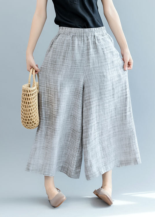 French Grey Elastic Waist Linen Wide Leg Pants Spring