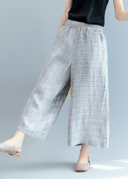 French Grey Elastic Waist Linen Wide Leg Pants Spring