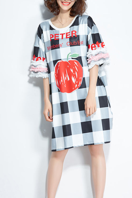French Half Sleeve Silk Clothes Metropolitan Museum Runway Black Plaid Dress Summer
