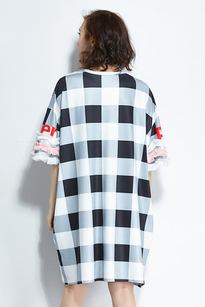 French Half Sleeve Silk Clothes Metropolitan Museum Runway Black Plaid Dress Summer