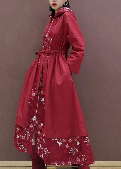 French Hooded Fine Spring Clothes for Red Embroidery Art Coats