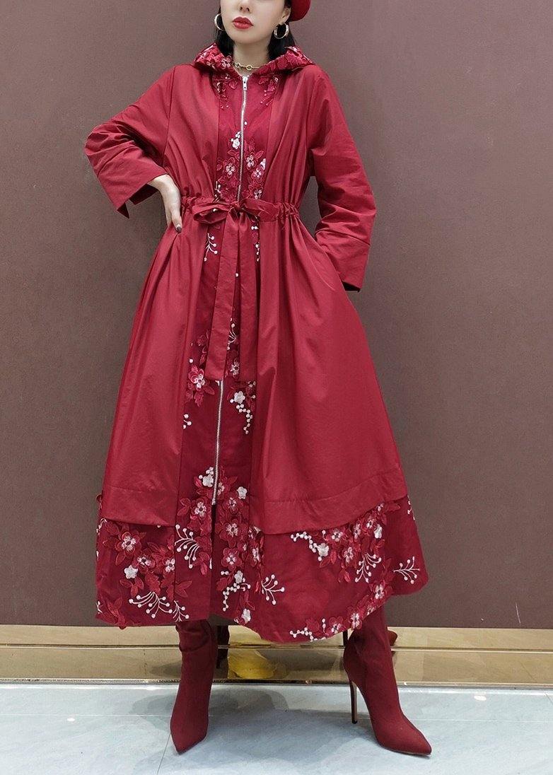 French Hooded Fine Spring Clothes for Red Embroidery Art Coats