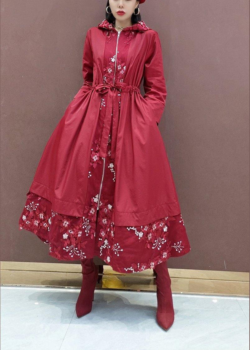 French Hooded Fine Spring Clothes for Red Embroidery Art Coats