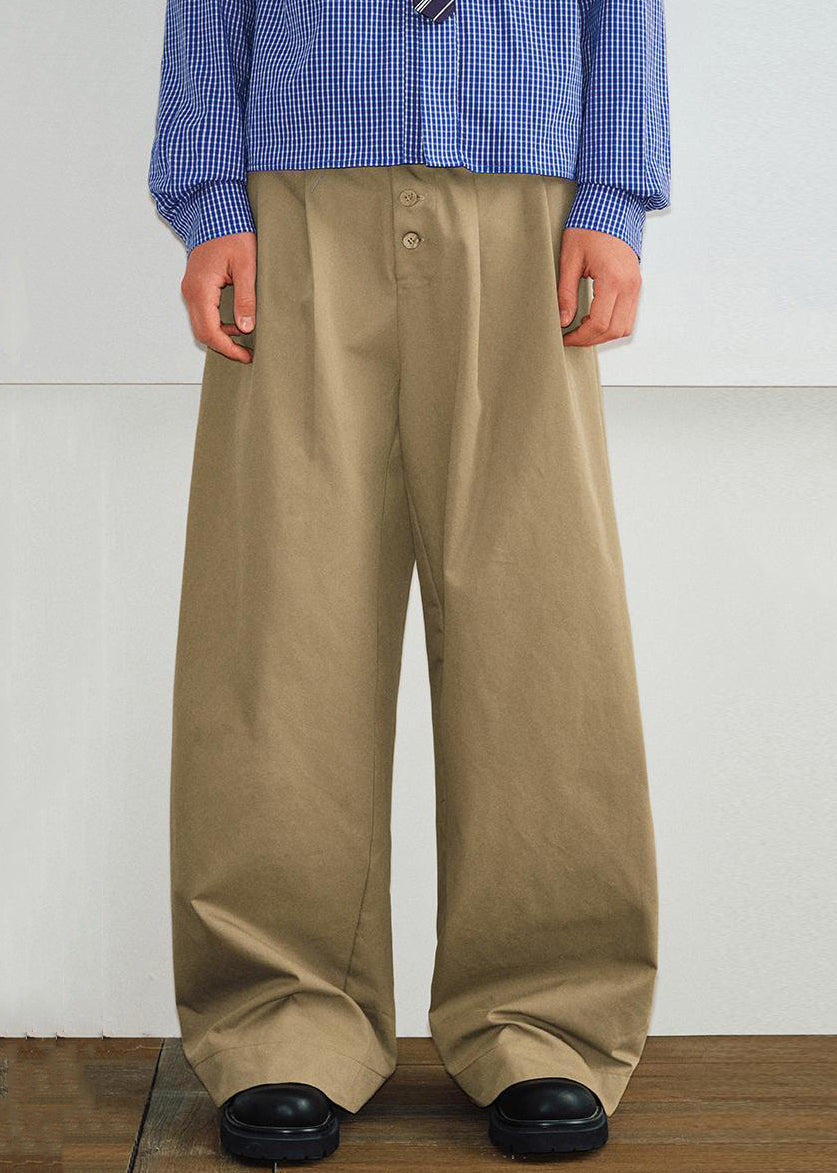 French Khaki Button Pockets Cotton Pants Summer
