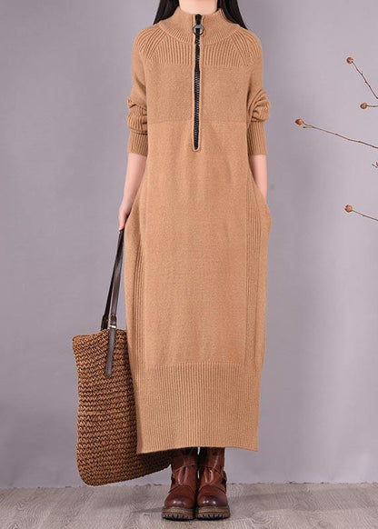 French Khaki Dress Zippered Pockets Dresses Spring Dress