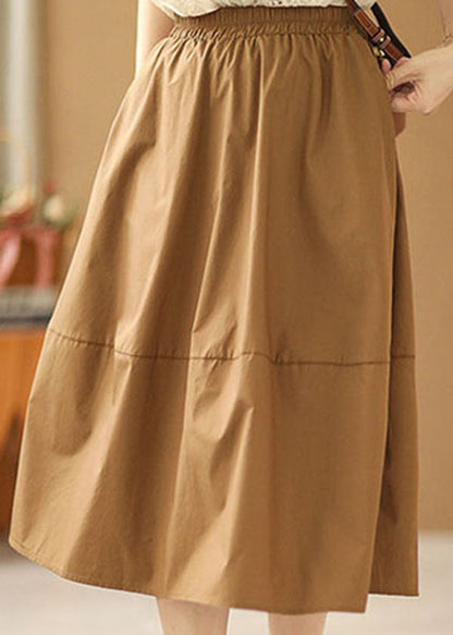 French Khaki Elastic Waist Pockets Patchwork Cotton a Line Skirts Summer