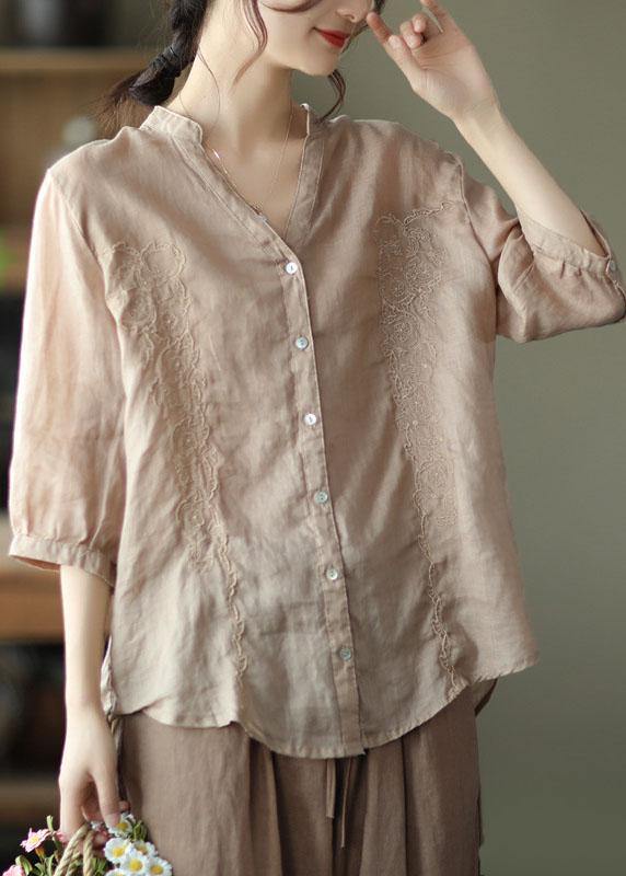 French Yellow Flower Embroidered V Neck Ramie Blouse Top Summer