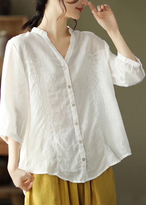 French Yellow Flower Embroidered V Neck Ramie Blouse Top Summer