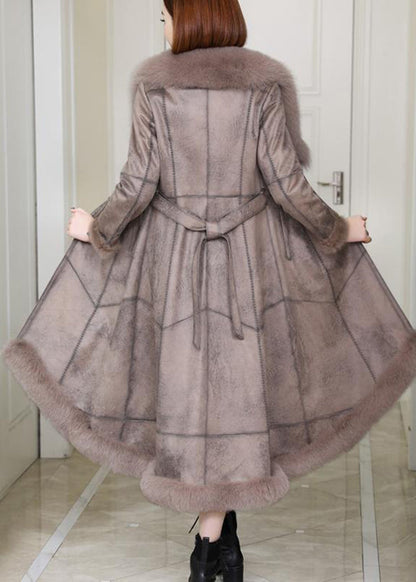 French Khaki Fur Collar Tie Waist Leather and Fur Coat Winter