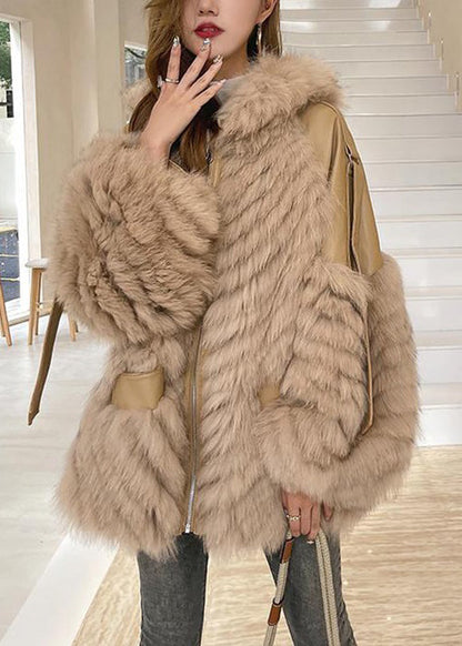 French Khaki Hooded Pockets Patchwork Leather and Fur Coats Winter