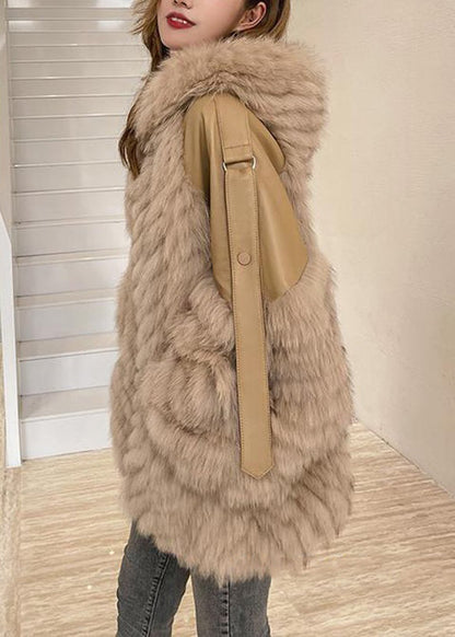 French Khaki Hooded Pockets Patchwork Leather and Fur Coats Winter