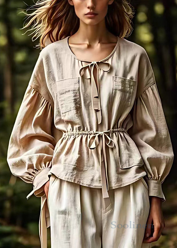 French Khaki Lace Up Cotton Blouse Long Sleeve
