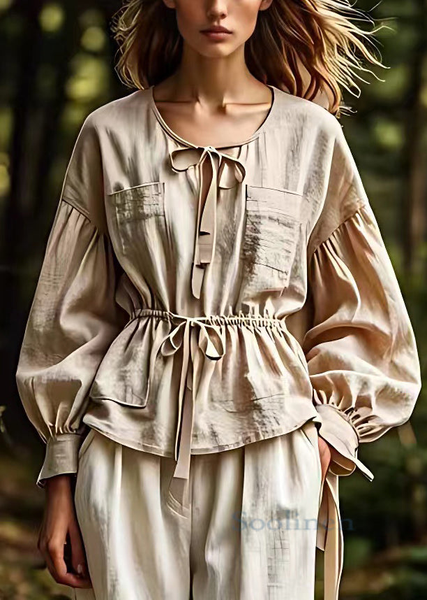 French Khaki Lace Up Cotton Blouse Long Sleeve