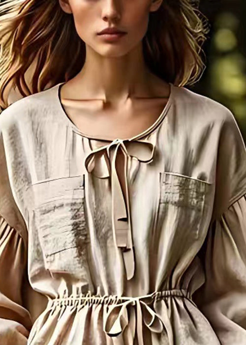 French Khaki Lace Up Cotton Blouse Long Sleeve