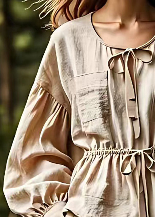 French Khaki Lace Up Cotton Blouse Long Sleeve