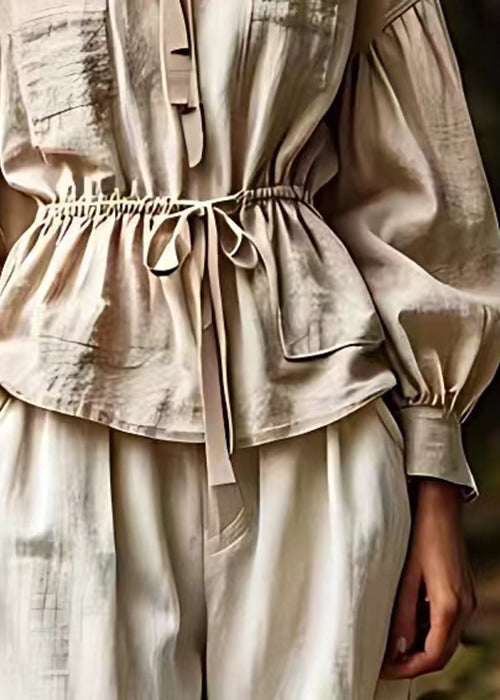 French Khaki Lace Up Cotton Blouse Long Sleeve