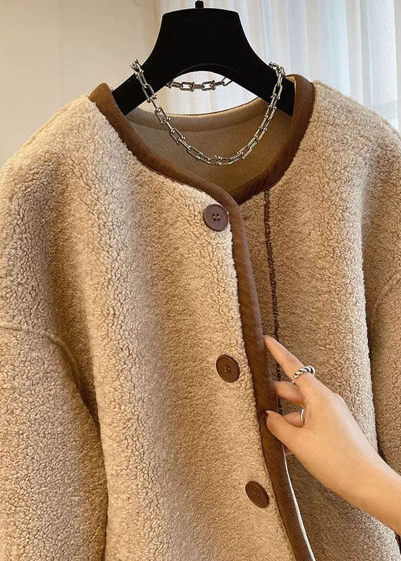 French Khaki O-neck Patchwork Button Faux Fur Coats Winter