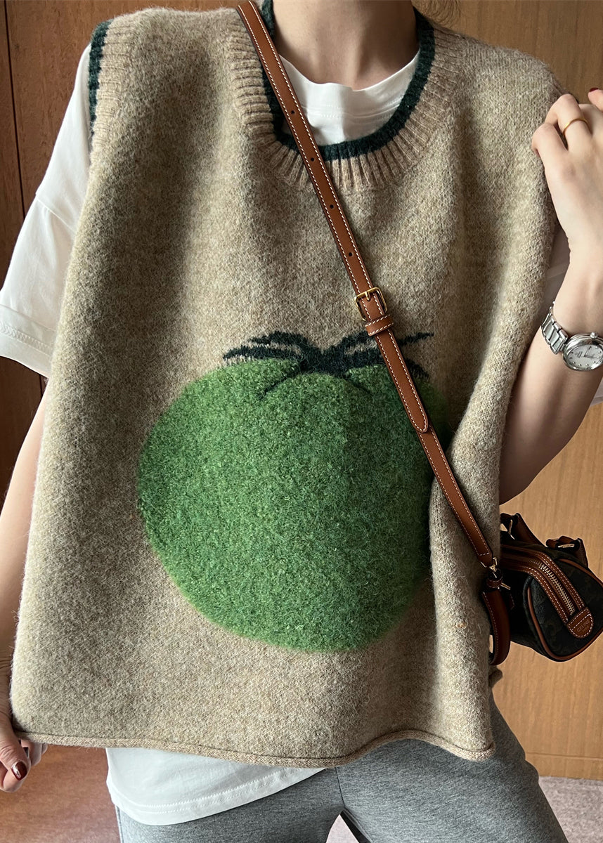 French Khaki O-neck Patchwork Print Woolen Knitted Vest Sleeveless