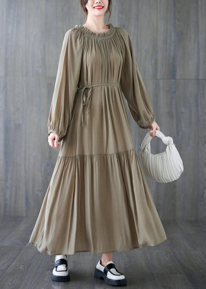 French Khaki O-neck Patchwork Wrinkled Long Dresses Long Sleeve