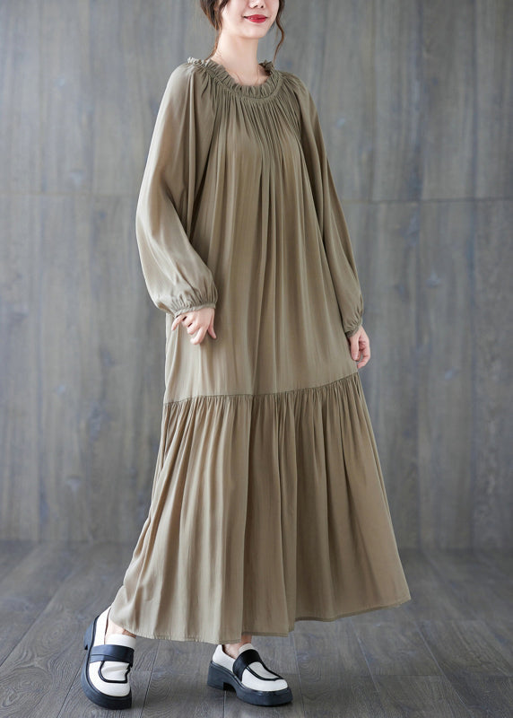 French Khaki O-neck Patchwork Wrinkled Long Dresses Long Sleeve