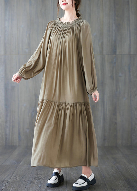 French Khaki O-neck Patchwork Wrinkled Long Dresses Long Sleeve