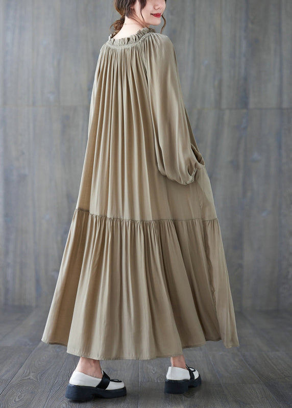 French Khaki O-neck Patchwork Wrinkled Long Dresses Long Sleeve