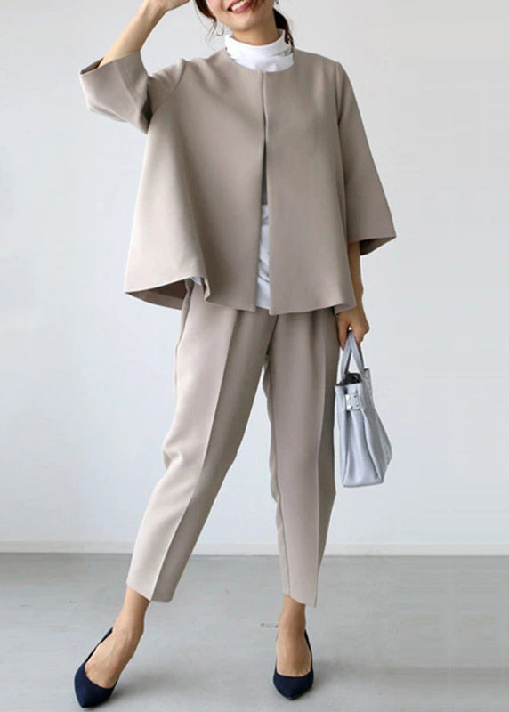 French Khaki O Neck Tops and Crop Pants Spandex Two Piece Set Bracelet Sleeve