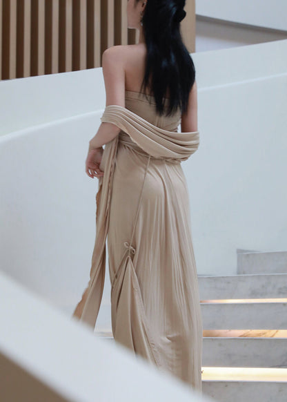 French Khaki Off the Shoulder Wrinkled Cotton Long Dresses Sleeveless