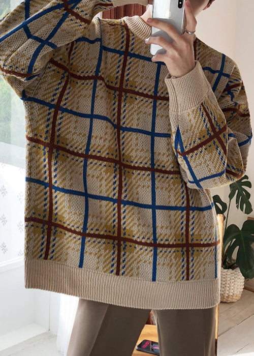 French Khaki Plaid Cozy Knit Sweater Spring