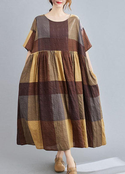 French Khaki Plaid Patchwork Summer Half Sleeve Holiday Dress