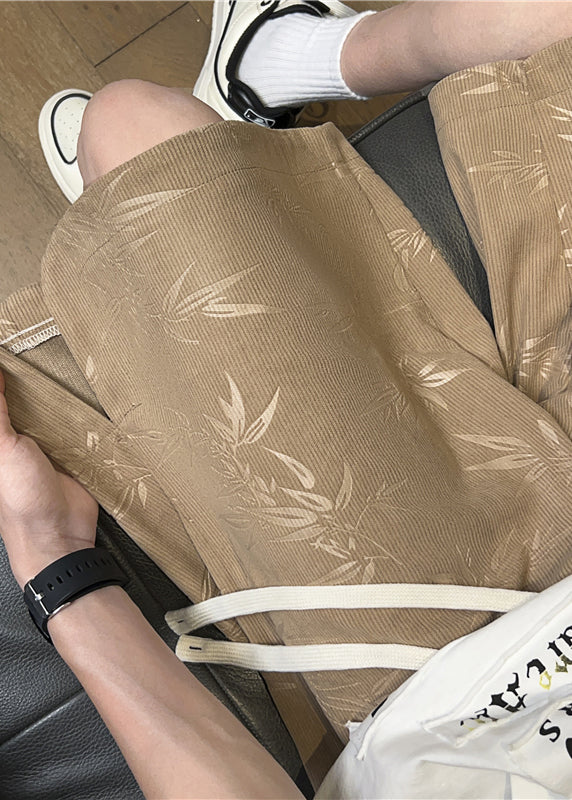 French Khaki Print Side Open Cotton Summer Shorts