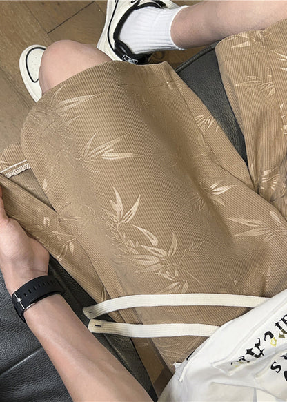 French Khaki Print Side Open Cotton Summer Shorts