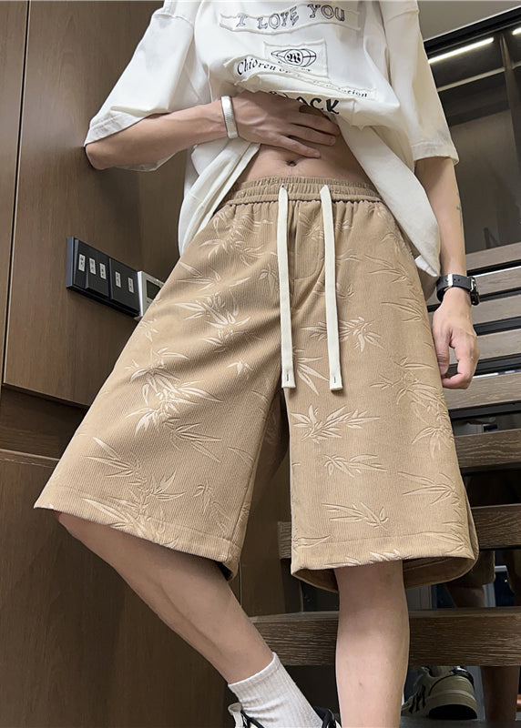 French Khaki Print Side Open Cotton Summer Shorts