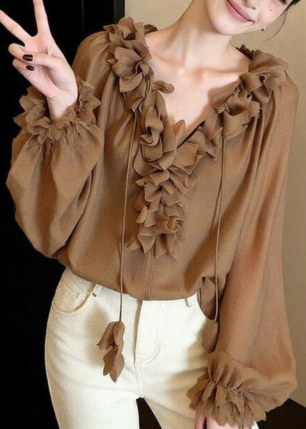French Khaki Ruffled Lace Up Chiffon Shirts Spring