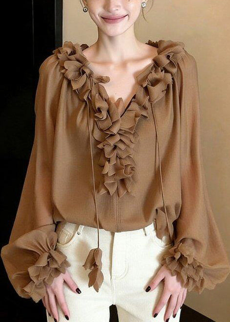 French Khaki Ruffled Lace Up Chiffon Shirts Spring