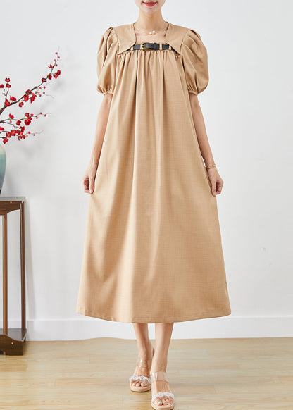 French Khaki Square Collar Cotton a Line Dress Puff Sleeve